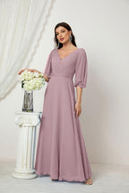 Numbersea  Formal Prom Gown Women V-Neck Chiffon Bridesmaid Dresses Long Bishop Sleeve Party Dress 2807