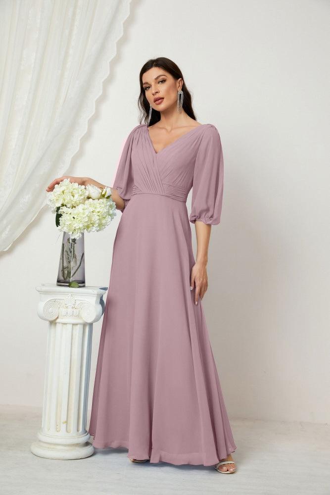 Numbersea  Formal Prom Gown Women V-Neck Chiffon Bridesmaid Dresses Long Bishop Sleeve Party Dress 2807