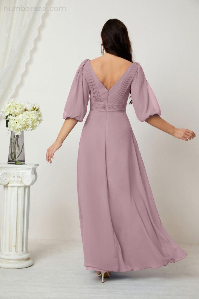 Numbersea  Formal Prom Gown Women V-Neck Chiffon Bridesmaid Dresses Long Bishop Sleeve Party Dress 2807
