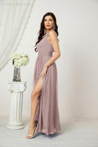 Numbersea Chiffon V-Neck Bridesmaid Dress Spaghetti Strap Long Formal Party Prom Gowns with Slit 28010