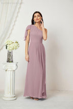 Numbersea  Chiffon Ruffled One Shoulder Long Bridesmaid Dresses A-line Formal Evening Gown Side Split 2809