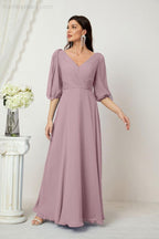 Numbersea  Formal Prom Gown Women V-Neck Chiffon Bridesmaid Dresses Long Bishop Sleeve Party Dress 2807