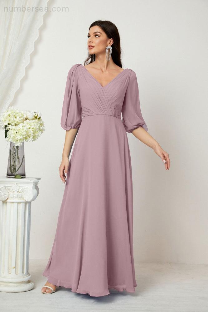 Numbersea  Formal Prom Gown Women V-Neck Chiffon Bridesmaid Dresses Long Bishop Sleeve Party Dress 2807