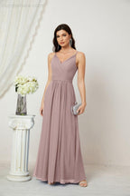 Numbersea Chiffon V-Neck Bridesmaid Dress Spaghetti Strap Long Formal Party Prom Gowns with Slit 28010