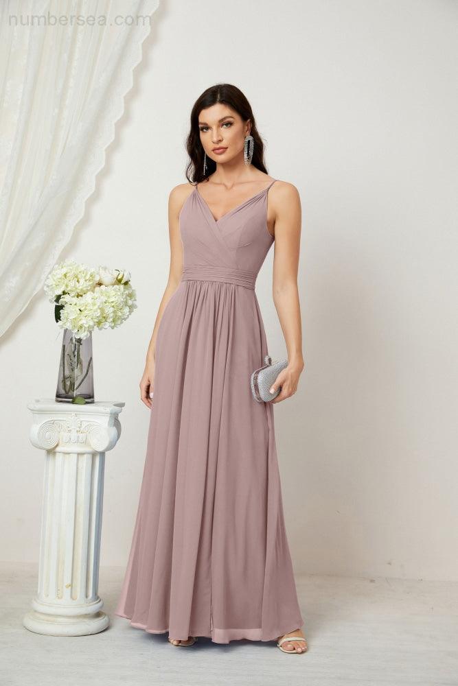 Numbersea Chiffon V-Neck Bridesmaid Dress Spaghetti Strap Long Formal Party Prom Gowns with Slit 28010