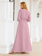 Numbersea Women's Chiffon Bridesmaid Dress A line Long Sleeves Formal Evening Prom Gown for Wedding Guest 28032
