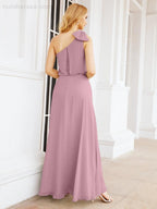 Numbersea Chiffon Ruffled One Shoulder Sleeveless Long Bride Dresses A-line Formal Evening Gown Side Split 28057