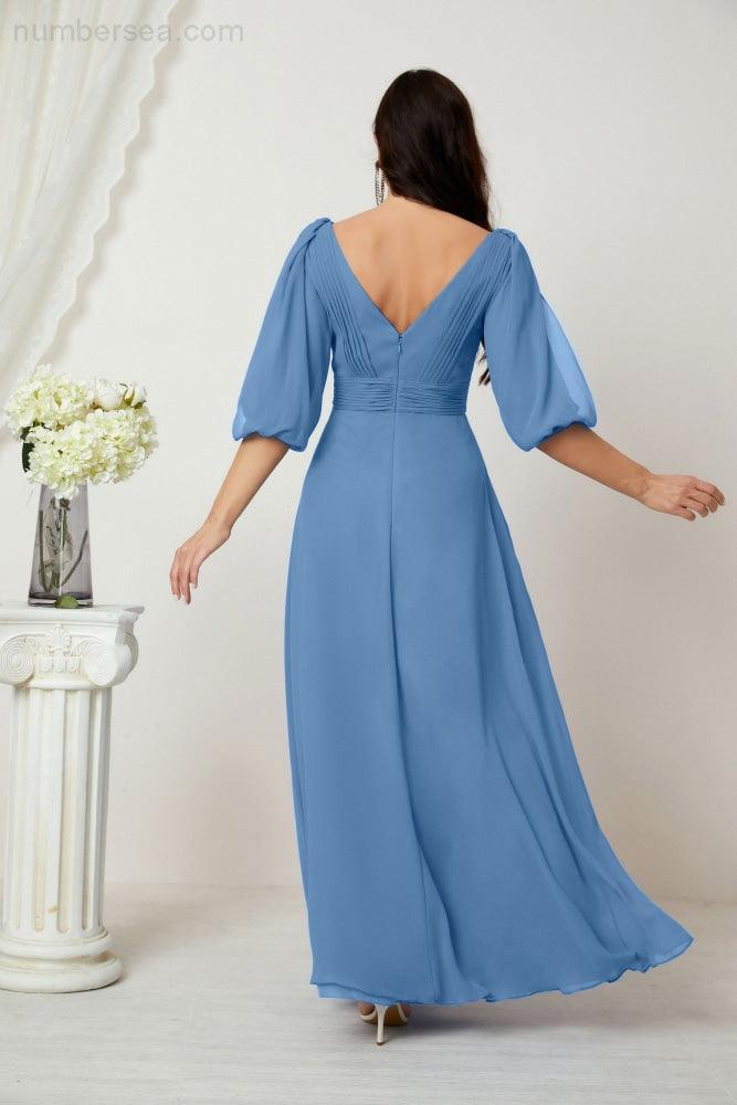 Numbersea  Formal Prom Gown Women V-Neck Chiffon Bridesmaid Dresses Long Bishop Sleeve Party Dress 2807