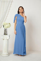 Numbersea  Chiffon Ruffled One Shoulder Long Bridesmaid Dresses A-line Formal Evening Gown Side Split 2809