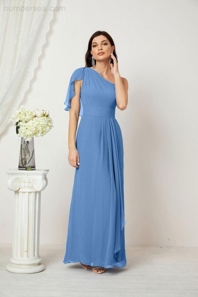 Numbersea  Chiffon Ruffled One Shoulder Long Bridesmaid Dresses A-line Formal Evening Gown Side Split 2809