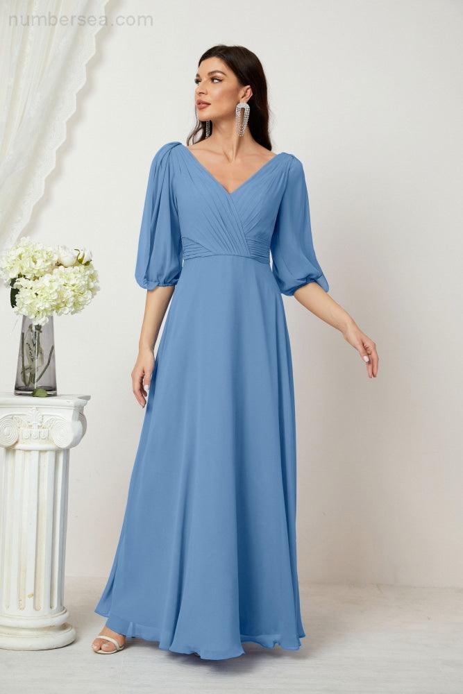 Numbersea  Formal Prom Gown Women V-Neck Chiffon Bridesmaid Dresses Long Bishop Sleeve Party Dress 2807
