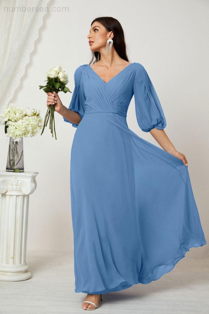 Numbersea  Formal Prom Gown Women V-Neck Chiffon Bridesmaid Dresses Long Bishop Sleeve Party Dress 2807