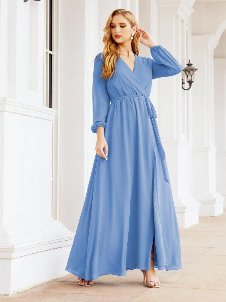 Numbersea Women's Chiffon Bridesmaid Dress A line Long Sleeves Formal Evening Prom Gown for Wedding Guest 28032