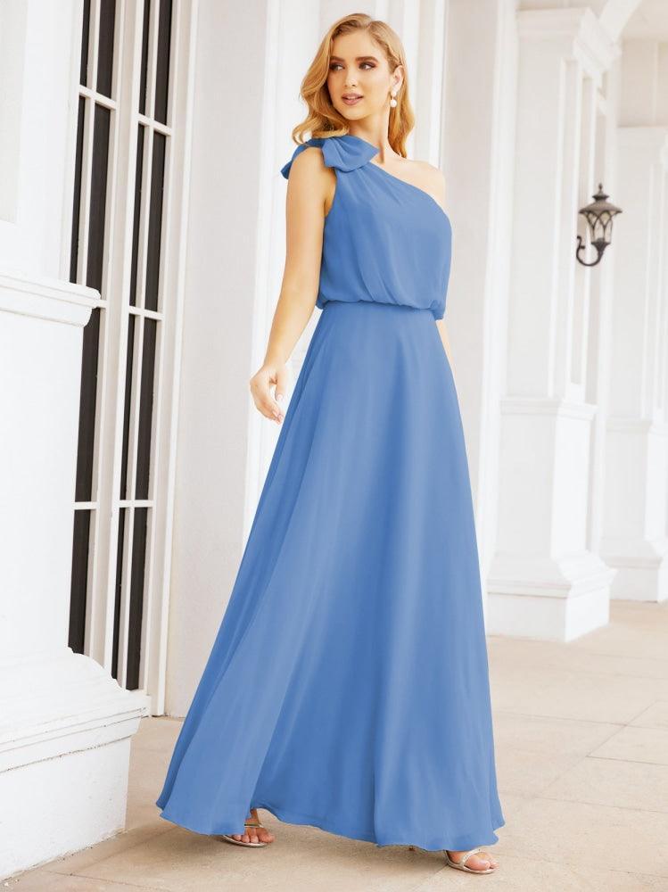 Numbersea Chiffon Ruffled One Shoulder Sleeveless Long Bride Dresses A-line Formal Evening Gown Side Split 28057