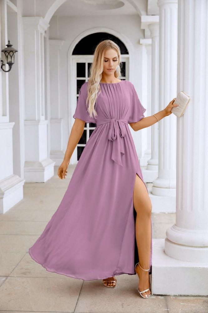 Ladies Chiffon Sleeve Crew Neck Front Slit Floor Length Bridesmaid Evening Dress Wedding Party Evening Dress 28124