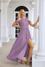Ladies Chiffon Off Shoulder Swing Sleeve Front Slit Bridesmaid Evening Dress Wedding Party Evening Dress 28117