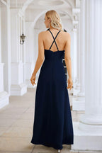 Ladies Chiffon Spaghetti Strap V Neck Front Slit Floor Length Bridesmaid Evening Dress Prom Party Wedding Evening Dress 28116