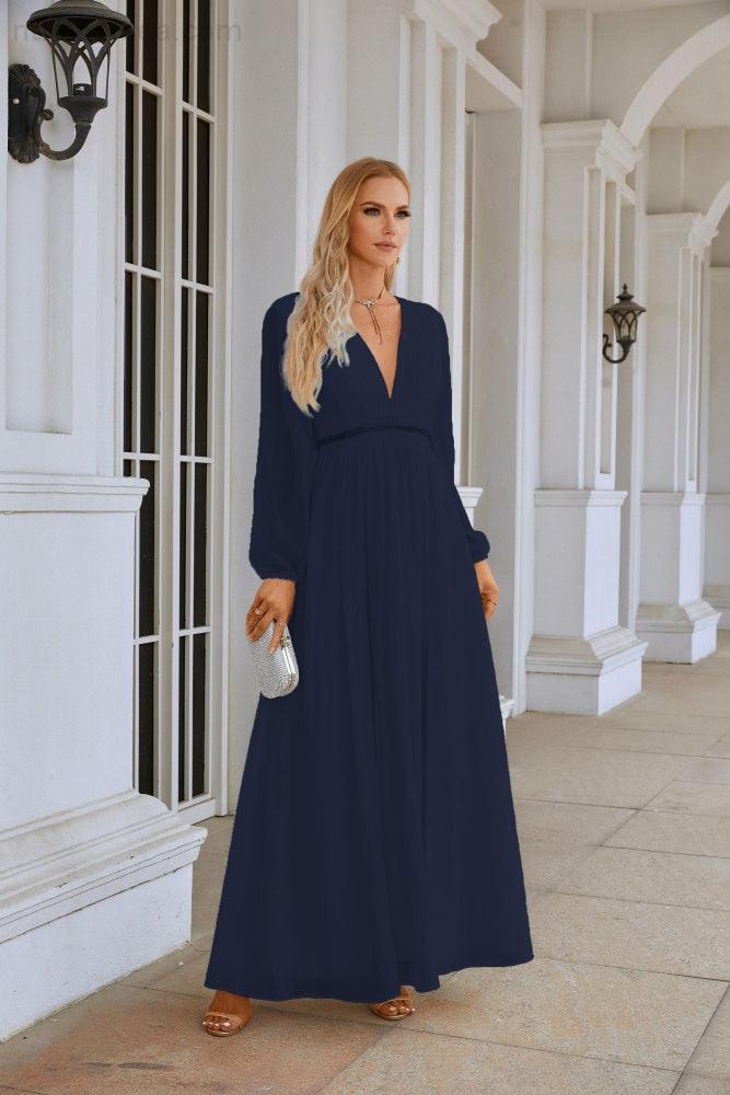 Ladies V Neck Chiffon Long Sleeve Front Slit Bridesmaid Evening Dress Wedding Party Shopping Evening Dress 28109