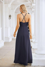Ladies Chiffon Spaghetti Strap V Neck Front Slit Floor Length Bridesmaid Evening Dress Prom Party Wedding Evening Dress 28116