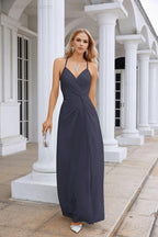 Ladies Chiffon Spaghetti Strap V Neck Front Slit Floor Length Bridesmaid Evening Dress Prom Party Wedding Evening Dress 28116