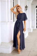 Ladies Chiffon Sleeve Crew Neck Front Slit Floor Length Bridesmaid Evening Dress Wedding Party Evening Dress 28124
