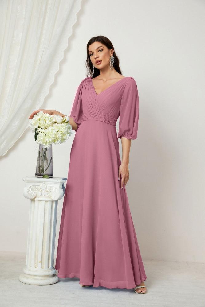 Numbersea  Formal Prom Gown Women V-Neck Chiffon Bridesmaid Dresses Long Bishop Sleeve Party Dress 2807