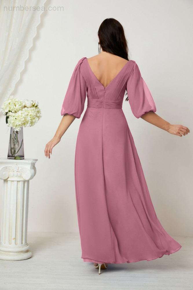 Numbersea  Formal Prom Gown Women V-Neck Chiffon Bridesmaid Dresses Long Bishop Sleeve Party Dress 2807