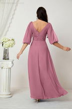 Numbersea  Formal Prom Gown Women V-Neck Chiffon Bridesmaid Dresses Long Bishop Sleeve Party Dress 2807