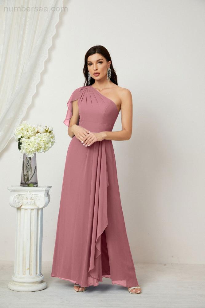 Numbersea  Chiffon Ruffled One Shoulder Long Bridesmaid Dresses A-line Formal Evening Gown Side Split 2809