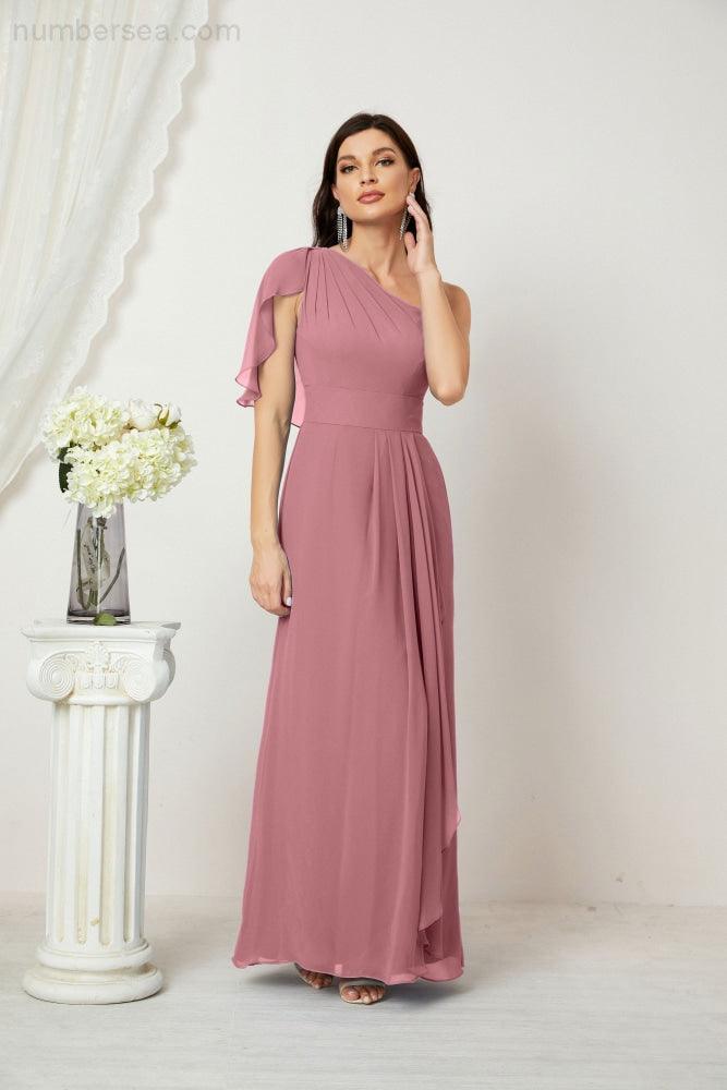 Numbersea  Chiffon Ruffled One Shoulder Long Bridesmaid Dresses A-line Formal Evening Gown Side Split 2809