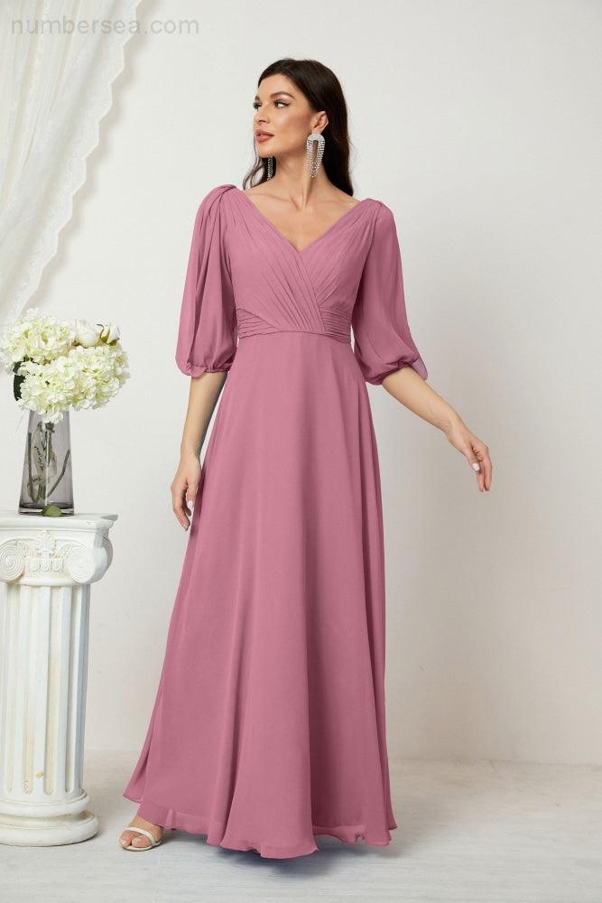Numbersea  Formal Prom Gown Women V-Neck Chiffon Bridesmaid Dresses Long Bishop Sleeve Party Dress 2807