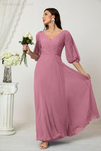 Numbersea  Formal Prom Gown Women V-Neck Chiffon Bridesmaid Dresses Long Bishop Sleeve Party Dress 2807
