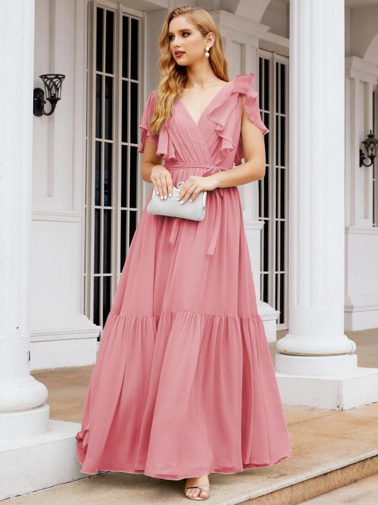 Numbersea Women's Open Back Formal Evening Party Prom Gowns V-Neck Long Chiffon Bridesmaid Dresses with Waist Belt 28038
