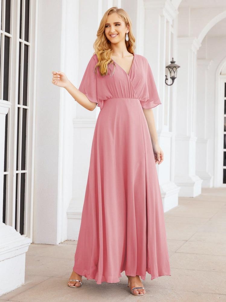 Numbersea V-Neck Bridesmaid Dress Chiffon Long Open Back Formal Dresses for Women Party Evening 28067