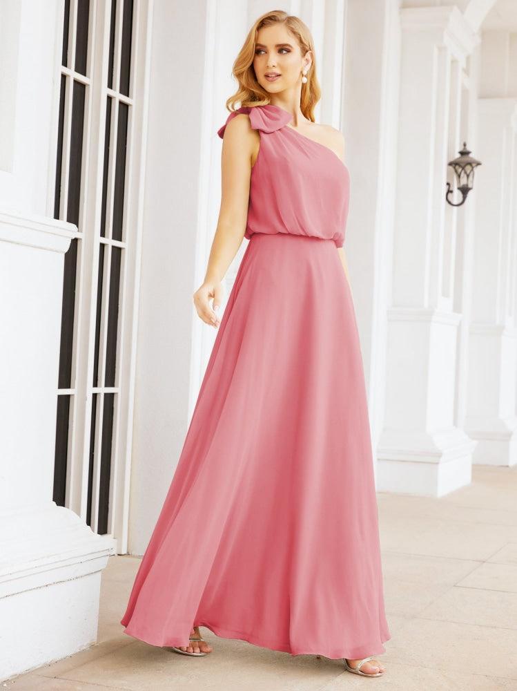 Numbersea Chiffon Ruffled One Shoulder Sleeveless Long Bride Dresses A-line Formal Evening Gown Side Split 28057