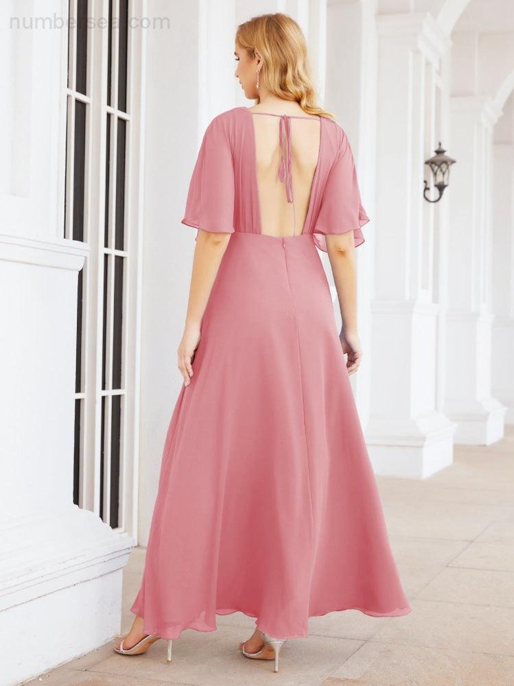 Numbersea V-Neck Bridesmaid Dress Chiffon Long Open Back Formal Dresses for Women Party Evening 28067