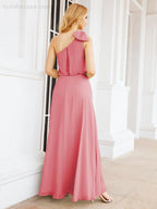 Numbersea Chiffon Ruffled One Shoulder Sleeveless Long Bride Dresses A-line Formal Evening Gown Side Split 28057
