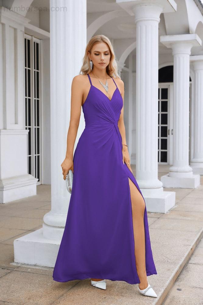 Ladies Chiffon Spaghetti Strap V Neck Front Slit Floor Length Bridesmaid Evening Dress Prom Party Wedding Evening Dress 28116
