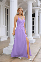 Ladies Chiffon Spaghetti Strap V Neck Front Slit Floor Length Bridesmaid Evening Dress Prom Party Wedding Evening Dress 28116