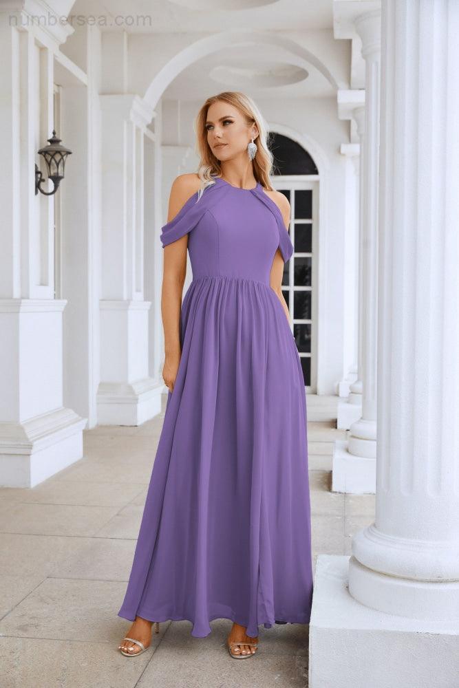 Ladies Chiffon Off Shoulder Swing Sleeve Front Slit Bridesmaid Evening Dress Wedding Party Evening Dress 28117