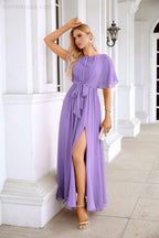 Ladies Chiffon Sleeve Crew Neck Front Slit Floor Length Bridesmaid Evening Dress Wedding Party Evening Dress 28124
