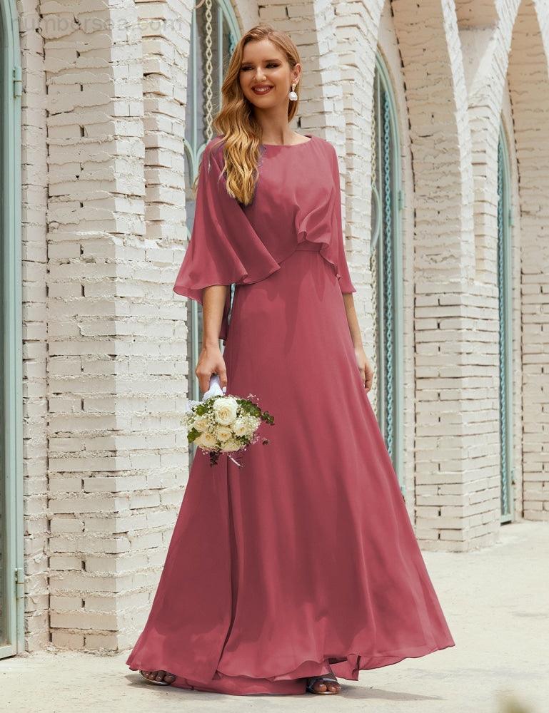Numbersea  Bridesmaid Dress Women Long Sleeve V-Neck Chiffon Formal Wedding Party Dress 28018