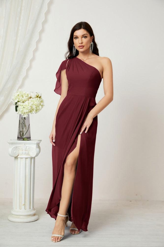 Numbersea  Chiffon Ruffled One Shoulder Long Bridesmaid Dresses A-line Formal Evening Gown Side Split 2809