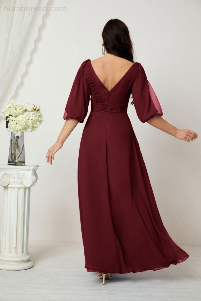 Numbersea  Formal Prom Gown Women V-Neck Chiffon Bridesmaid Dresses Long Bishop Sleeve Party Dress 2807