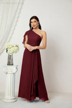 Numbersea  Chiffon Ruffled One Shoulder Long Bridesmaid Dresses A-line Formal Evening Gown Side Split 2809