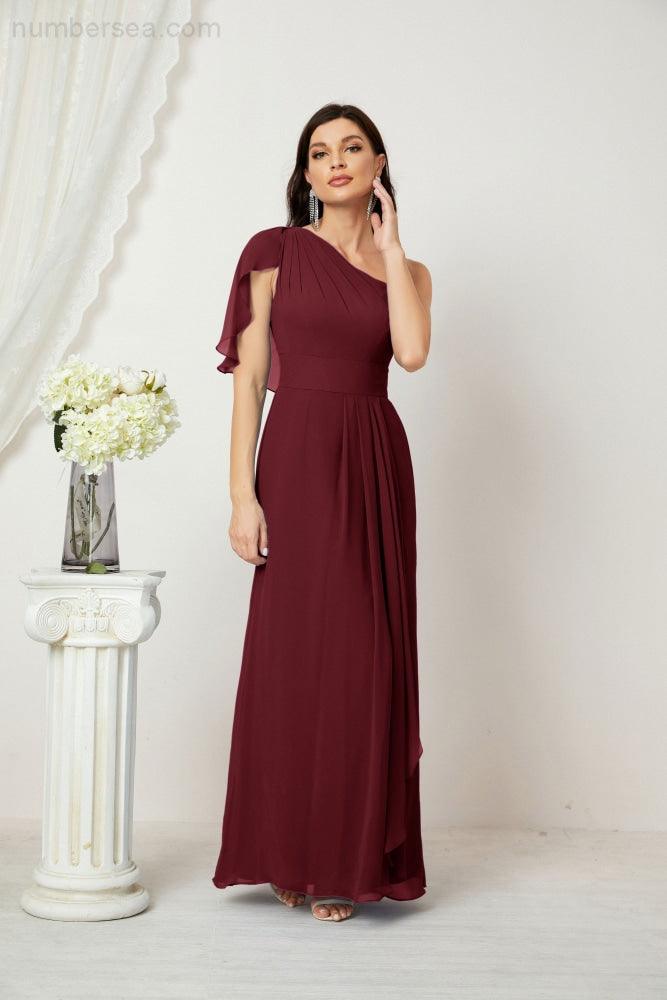 Numbersea  Chiffon Ruffled One Shoulder Long Bridesmaid Dresses A-line Formal Evening Gown Side Split 2809