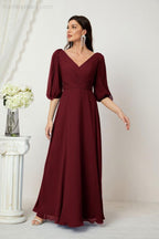 Numbersea  Formal Prom Gown Women V-Neck Chiffon Bridesmaid Dresses Long Bishop Sleeve Party Dress 2807