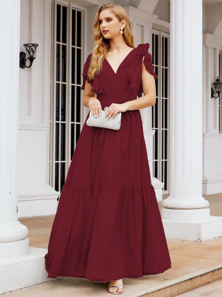 Numbersea Women's Open Back Formal Evening Party Prom Gowns V-Neck Long Chiffon Bridesmaid Dresses with Waist Belt 28038