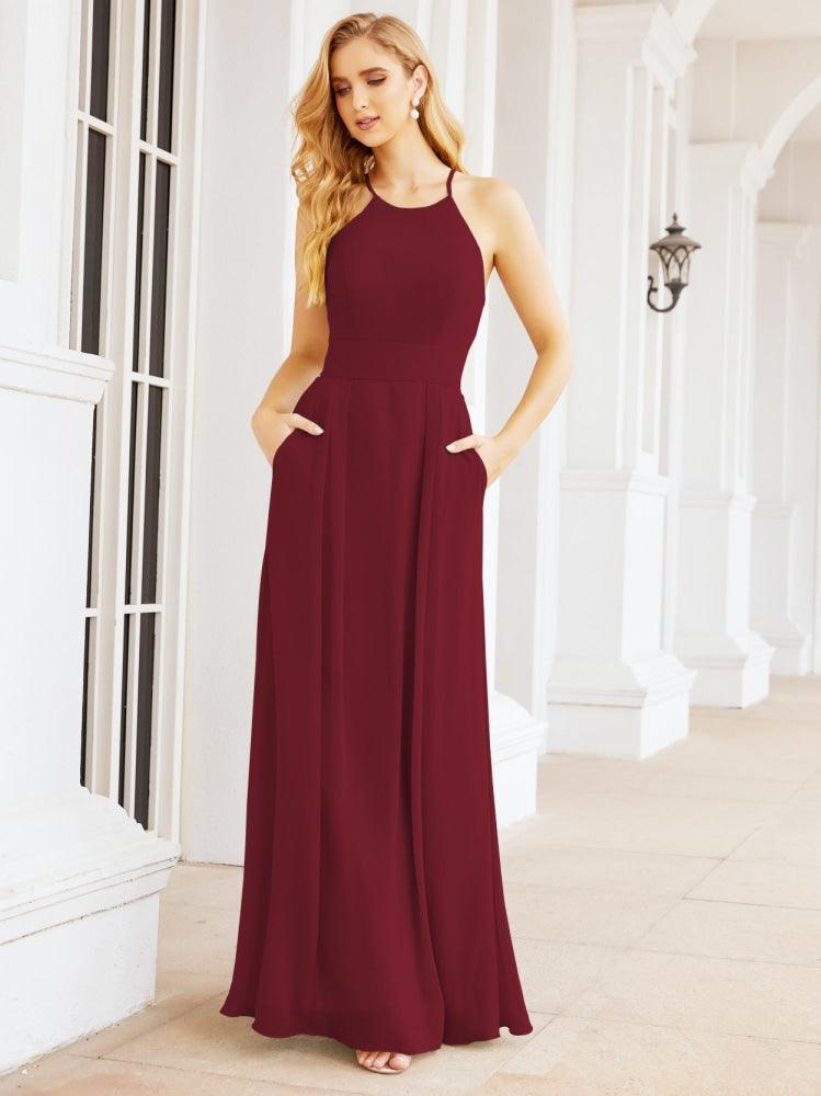 Numbersea Halter Bridesmaid Dresses with Pockets Sleeveless Formal Evening Party Prom Gowns  28055