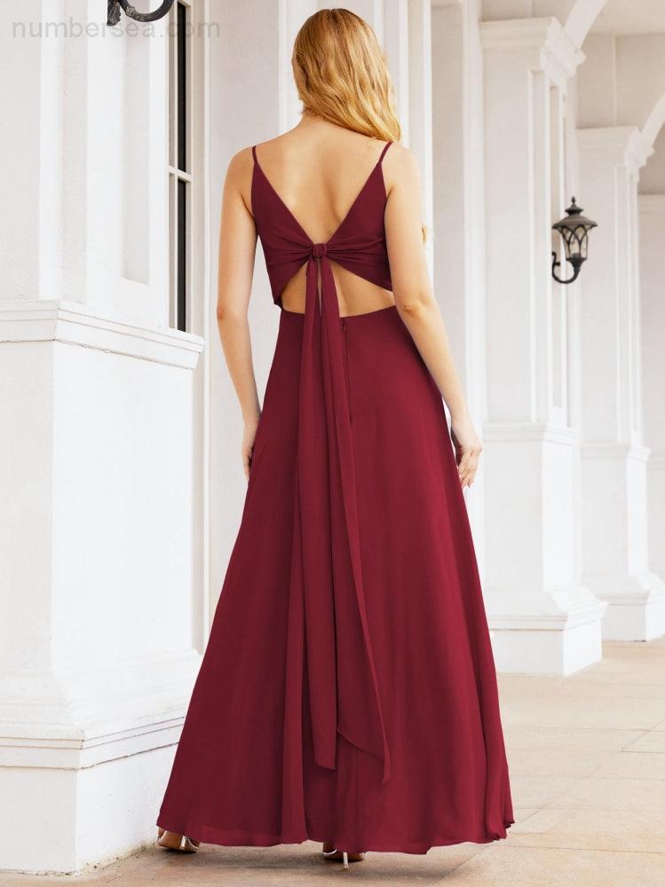 Numbersea Spaghetti Strap Bridesmaid Dresses V Neck Butterfly Back Fromal Evening Party Prom Gown 28036